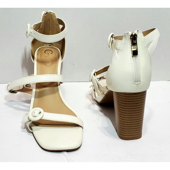 White Strappy Block Heel Sandals Zip Back Open Toe Size 10M Zipper Heels - Picture 1 of 9
